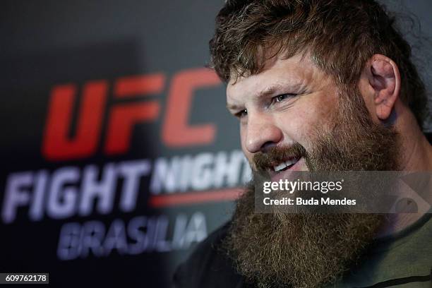 Heavyweight contender Roy Nelson of the United States speaks to the media during Ultimate Media Day at Windsor Brasilia Hotel on September 22, 2016...