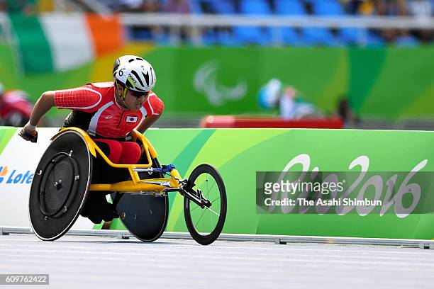 Tomoki Sato of Japan competes in the Men's 1500m - T52 on day 8 of the 2016 Rio Paralympic Games at the Olympic Stadium on September 15, 2016 in Rio...