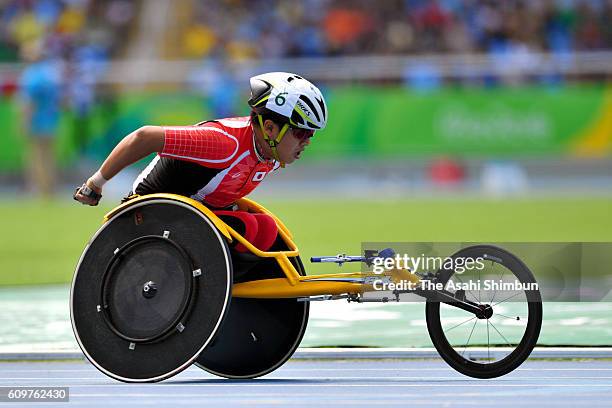 Tomoki Sato of Japan competes in the Men's 1500m - T52 on day 8 of the 2016 Rio Paralympic Games at the Olympic Stadium on September 15, 2016 in Rio...