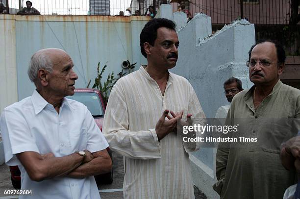 Former India cricketers Bapu Nadkarni , Dilip Vengsarkar and Ajit Wadekar at the Worli residence of former Test batsman Ashok Mankad who died in...