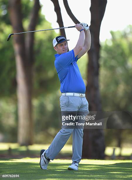 Luke Roberts of Keighley Golf Club plays his first shot on the 10th tee during the Lombard Trophy Final Day One at Pestana Vila Sol Golf Resort on...