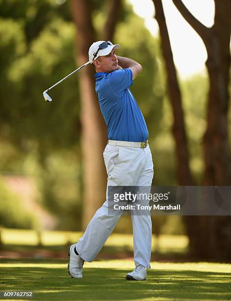 Andrew Rhodes of Keighley Golf Club plays his first shot on the 10th tee during the Lombard Trophy Final Day One at Pestana Vila Sol Golf Resort on...