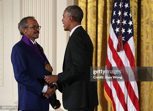 President Barack Obama presents the National Medal of Arts to painter Jack Whitten during an East Room ceremony at the White House September 22, 2016...