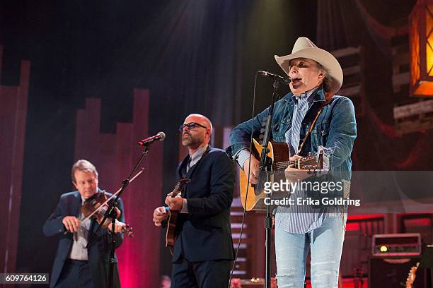 Stuart Duncan, Jon Randall Stewart and Dwight Yoakam perform at Ryman Auditorium on September 21, 2016 in Nashville, Tennessee.