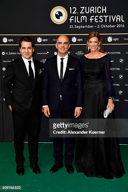 Festival director Karl Spoerri, politician Alain Berset and Festival director Nadja Schildknecht attend the 'Lion' premiere and opening ceremony of...