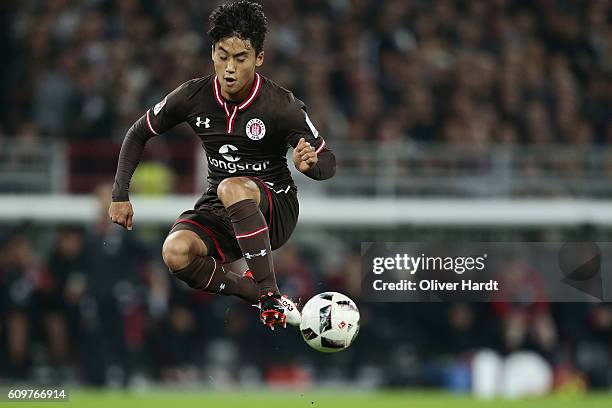 Ryo Miyaichi of Pauli in action during the Second Bundesliga match between FC St. Pauli and TSV 1860 Muenchen at Millerntor Stadium on September 22,...