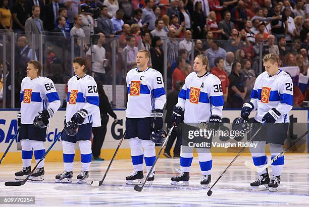 Team Finland lines up prior to the game against Team Russia during the World Cup of Hockey 2016 at Air Canada Centre on September 22, 2016 in...