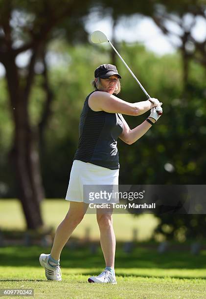 Sally Baxter of Witney Lakes Golf Club plays her first shot on the 10th tee during the Lombard Trophy Final Day One at Pestana Vila Sol Golf Resort...