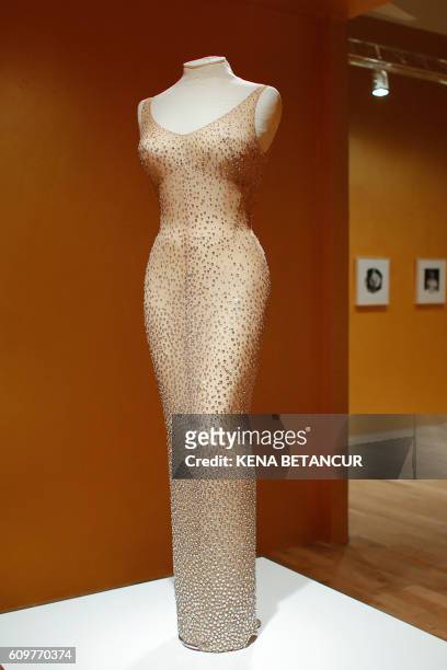 Former actress Marilyn Monroe's iconic "Happy Birthday Mr. President" dress is viewed during a press preview at MANA Contemporary Museum in Jersey...