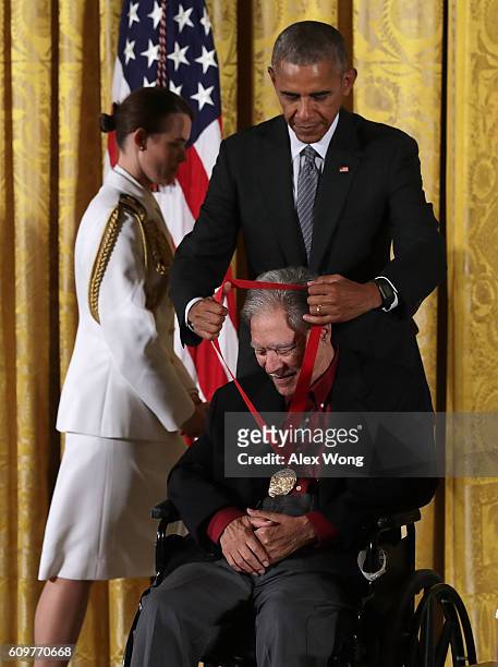 President Barack Obama presents the National Humanities Medal to author Rudolfo Anaya during an East Room ceremony at the White House September 22,...