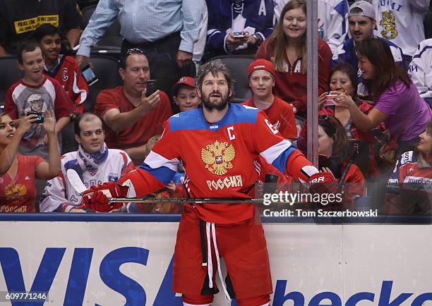 Alex Ovechkin of Team Russia warms up before their game against Team Finland during the World Cup of Hockey tournament at the Air Canada Centre on...