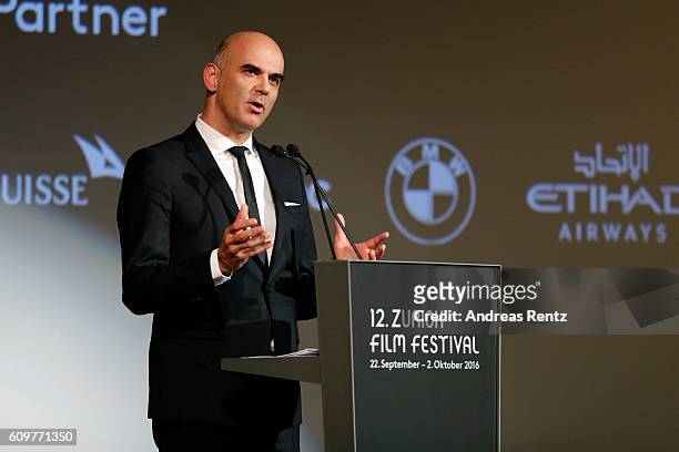 Politician Alain Berset speaks during the 'Lion' premiere and opening ceremony of the 12th Zurich Film Festival at Kino Corso on September 22, 2016...
