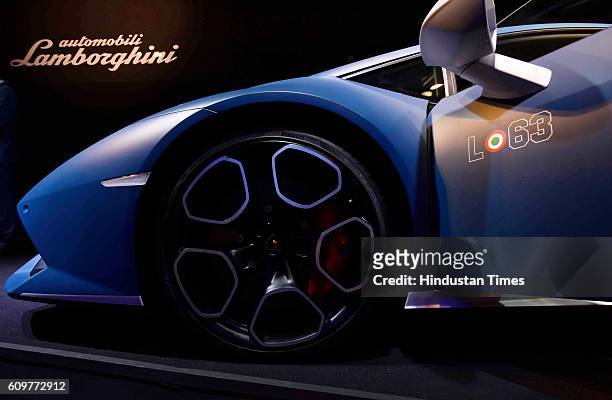 Front side of Lamborghini Huracan Special Edition Avio during its launch on September 22, 2016 in New Delhi, India. The supercar, which was first...