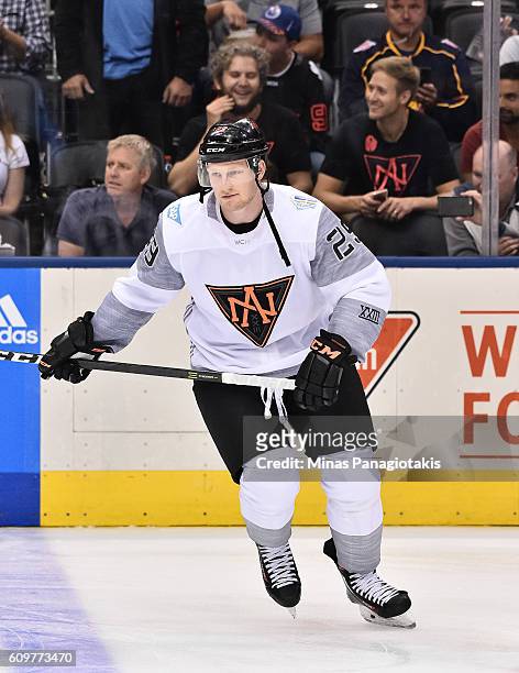 Nathan MacKinnon of Team North America warms up prior to a game against Team Finland during the World Cup of Hockey 2016 at Air Canada Centre on...