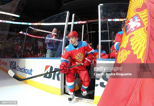 Artemi Panarin of Team Russia takes to the ice prior to the game against Team Finland during the World Cup of Hockey 2016 at Air Canada Centre on...