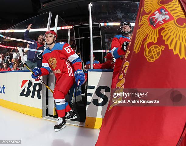 Vadim Shipachev of Team Russia takes to the ice prior to the game against Team Finland during the World Cup of Hockey 2016 at Air Canada Centre on...