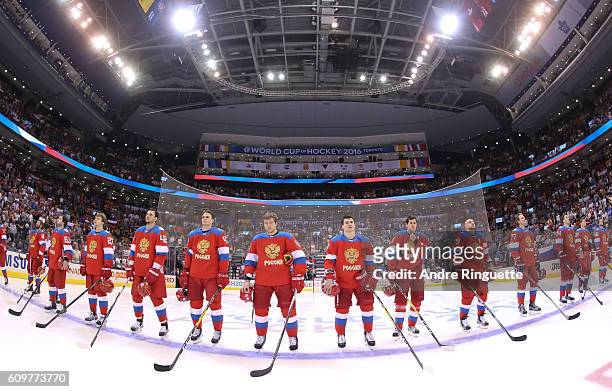 Team Russia lines up prior to the game against Team Finland during the World Cup of Hockey 2016 at Air Canada Centre on September 22, 2016 in...
