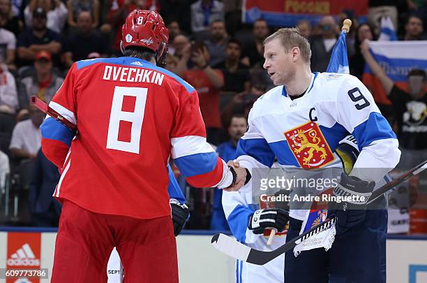 Alex Ovechkin of Team Russia shakes hands with Mikko Koivu of Team Finland during the World Cup of Hockey 2016 at Air Canada Centre on September 22,...