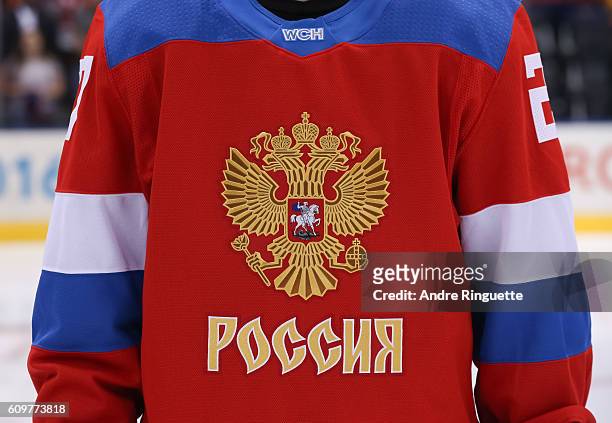 Tournament jersey for Team Russia prior to the game against Team Finland during the World Cup of Hockey 2016 at Air Canada Centre on September 22,...