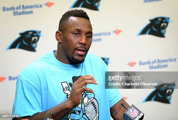 Carolina Panthers linebacker Thomas Davis speaks to the media on Thursday, Sept. 22, 2016 about being an African-American male, being a father, the...