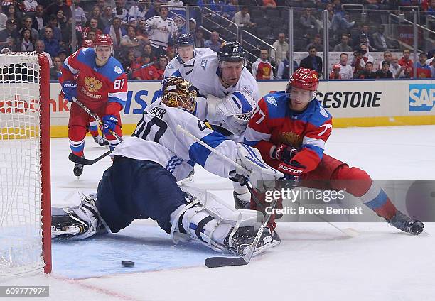 Ivan Telegin of Team Russia scores a second period goal against Tuukka Rask of Team Finland during the World Cup of Hockey tournament at the Air...