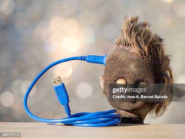 head of a doll with a cable of computer connected to the brain - brain electricity stock-fotos und bilder