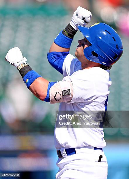 Dante Bichette Jr. #19 of Team Brazil reacts after hitting a single during Game 1 of the 2016 World Baseball Classic Qualifier at MCU Park on...