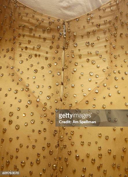 Marilyn Monroes dress detail, worn during her 1962 performance of Happy Birthday for President John F. Kennedy, is displayed during a press...