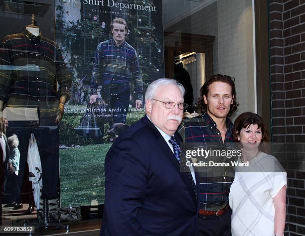 Tom Hooven, General Manager North America, Barbour Inc., Sam Heughan and Helen Barbour, Vice Chairman of J Barbour & Sons Ltd. Appear at Barbour...