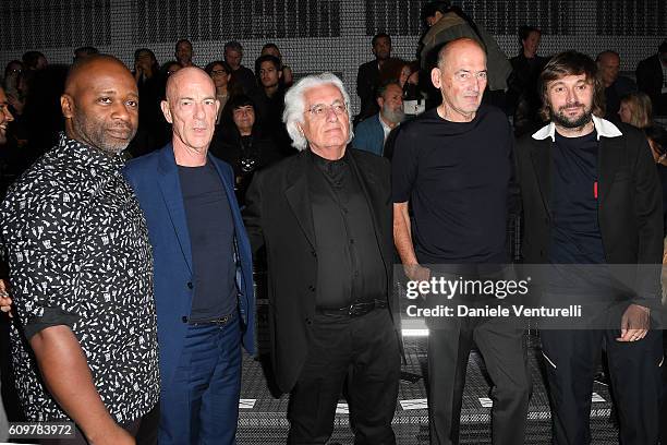 Theaster Gates, Jacques Herzog, Germano Celant, Rem Koolhaas and Francesco Vezzoli attend the Prada show during Milan Fashion Week Spring/Summer 2017...