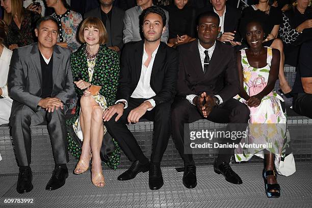 David O. Russell, Anna Wintour, Jack Huston, Sinqua Walls and Kuoth Wiel attend the Prada show during Milan Fashion Week Spring/Summer 2017 on...