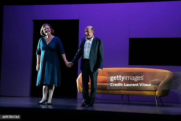 Actress Anne Benoit and Actor Gilles Gaston-Dreyfus appear during the curtain call of "Couple" at Theatre Edouard VII on September 22, 2016 in Paris,...