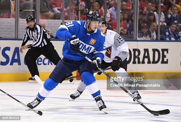 Aleksander Barkov of Team Finland stickhandles the puck against Team North America during the World Cup of Hockey 2016 at Air Canada Centre on...