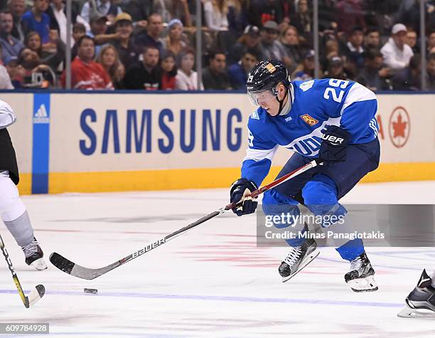 Patrik Laine of Team Finland stickhandles the puck against Team North America during the World Cup of Hockey 2016 at Air Canada Centre on September...