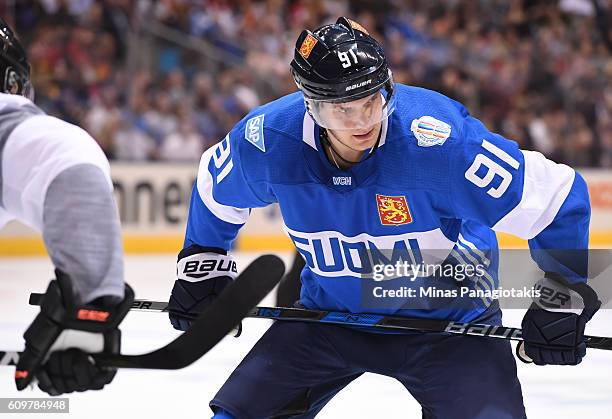 Aleksander Barkov of Team Finland prepares for a face-off against Team North America during the World Cup of Hockey 2016 at Air Canada Centre on...