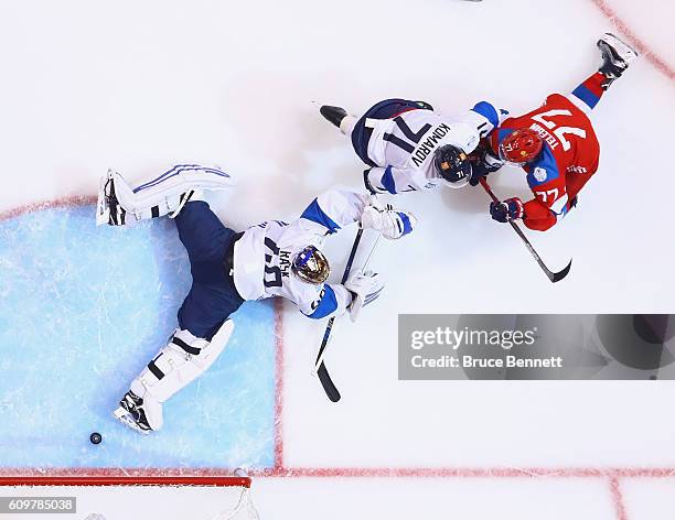 Ivan Telegin of Team Russia scores a second period goal against Tuukka Rask of Team Finland during the World Cup of Hockey tournament at the Air...