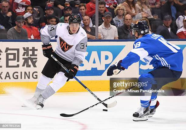 Auston Matthews of Team North America stickhandles the puck against Team Finland during the World Cup of Hockey 2016 at Air Canada Centre on...