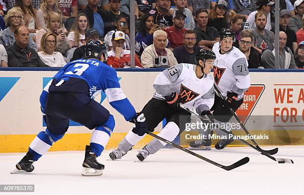 Johnny Gaudreau of Team North America stickhandles the puck against Olli Maatta of Team Finland during the World Cup of Hockey 2016 at Air Canada...