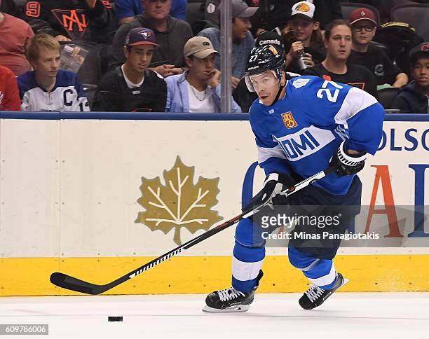 Joonas Donskoi of Team Finland stickhandles the puck against Team North America during the World Cup of Hockey 2016 at Air Canada Centre on September...