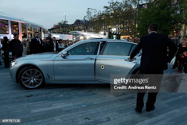 Official shuttle cars take guests to the green carpet of the 'Lion' premiere and opening ceremony of the 12th Zurich Film Festival at Kino Corso on...