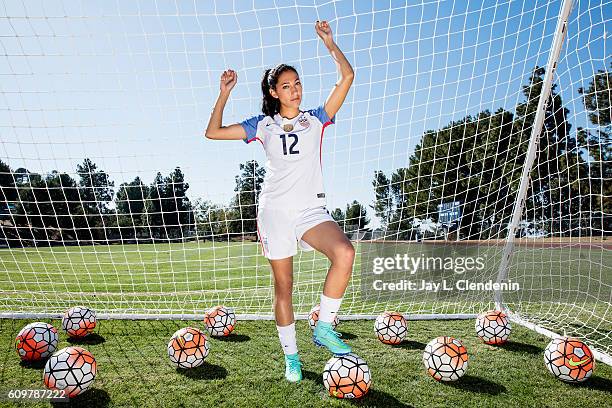 Forward with the Women's National Soccer Team Christen Press is photographed for Los Angeles Times on June 24, 2016 in Palos Verdes Estates,...