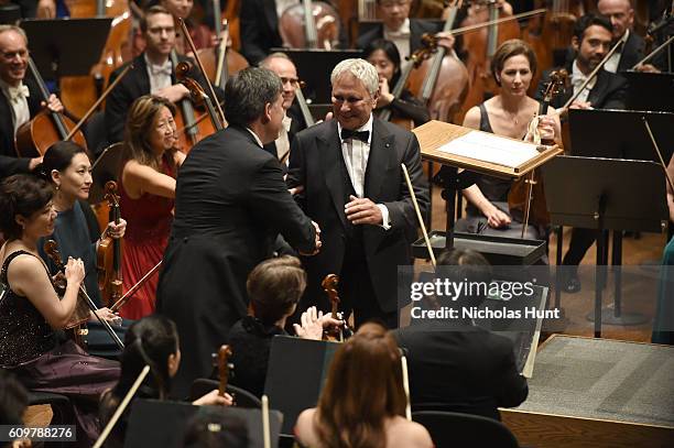 Composer John Corigliano and Music Director Alan Gilbert receives ovations at the New York Philharmonic's Opening Gala Celebrating the 175th...