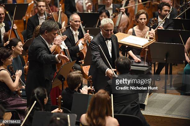 Composer John Corigliano thanks musicians at the New York Philharmonic's Opening Gala Celebrating the 175th Anniversary Season at David Geffen Hall...