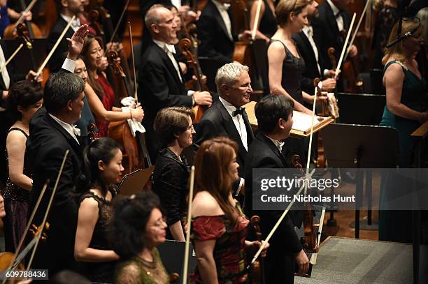 Composer John Corigliano is seen on stage at New York Philharmonic's Opening Gala Celebrating the 175th Anniversary Season at David Geffen Hall on...