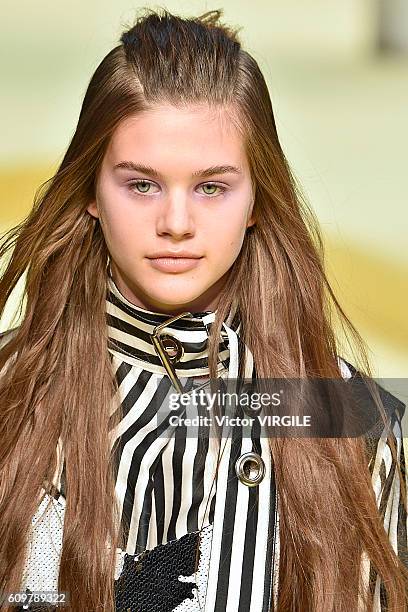 Model walks the runway at the Marques Almeida show during London Fashion Week Spring/Summer collections 2017 on September 20, 2016 in London, United...