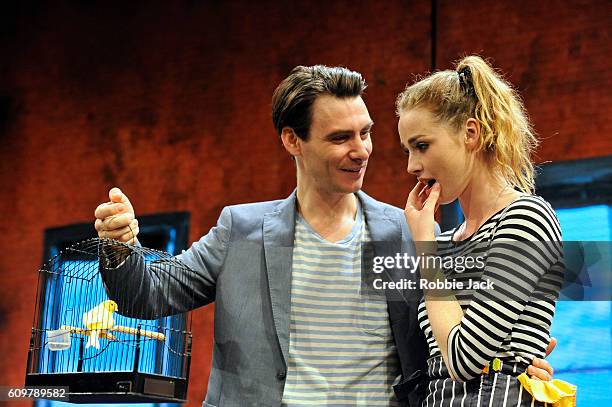 Freya Mavor as Annie and Harry Lloyd as Jack in Zach Helm's Good Canary directed by John Malkovich at the Rose Theatre on September 20, 2016 in...