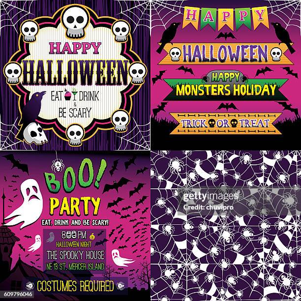 halloween set of frame, ribbons, invitation and seamless pattern - ugly spiders stock illustrations