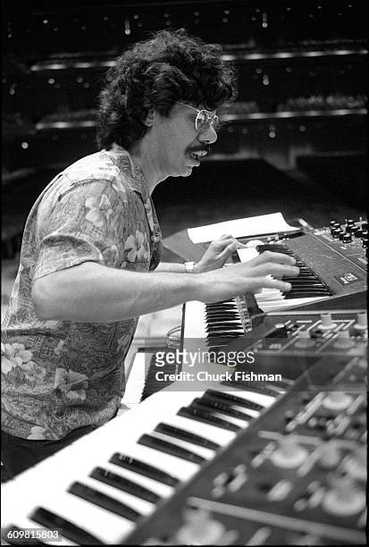 American Jazz musician Chick Corea plays keyboards during a rehearsal at Avery Fisher Hall, New York, New York, June 1978. The rehearsals, with...