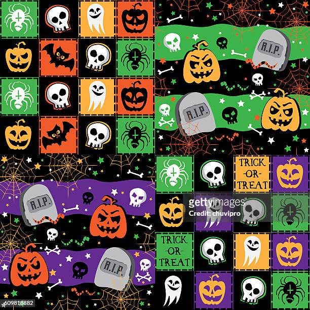 set of four halloween seamless patterns - ugly spiders stock illustrations