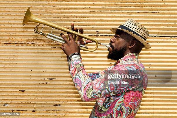 cuban musician playing trumpet, havana, cuba - world music imagens e fotografias de stock